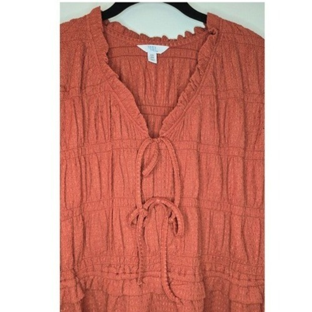 Time and Tru - Rust Orange Smocked Tie Front Peplum Sleeveless Top - Picture 4 of 5
